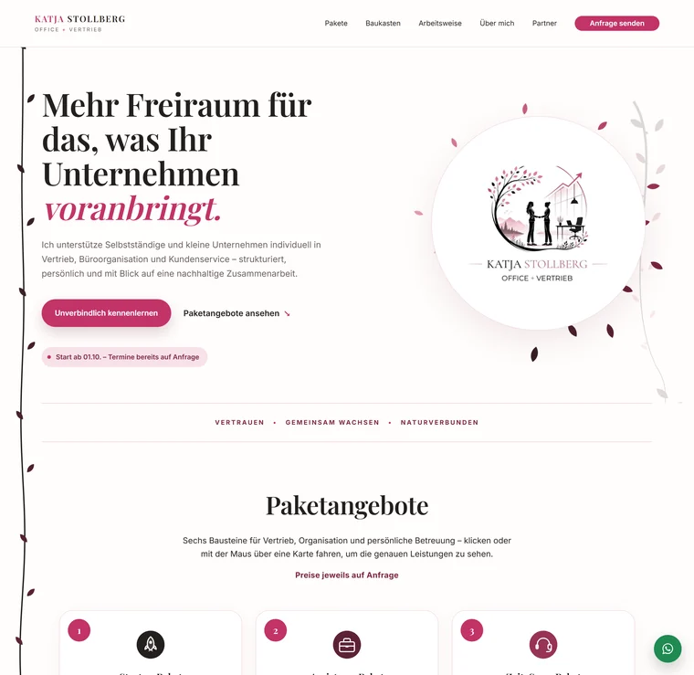 Website Katja Stollberg Office und Vertrieb – Startseite mit Logo und Paketangeboten