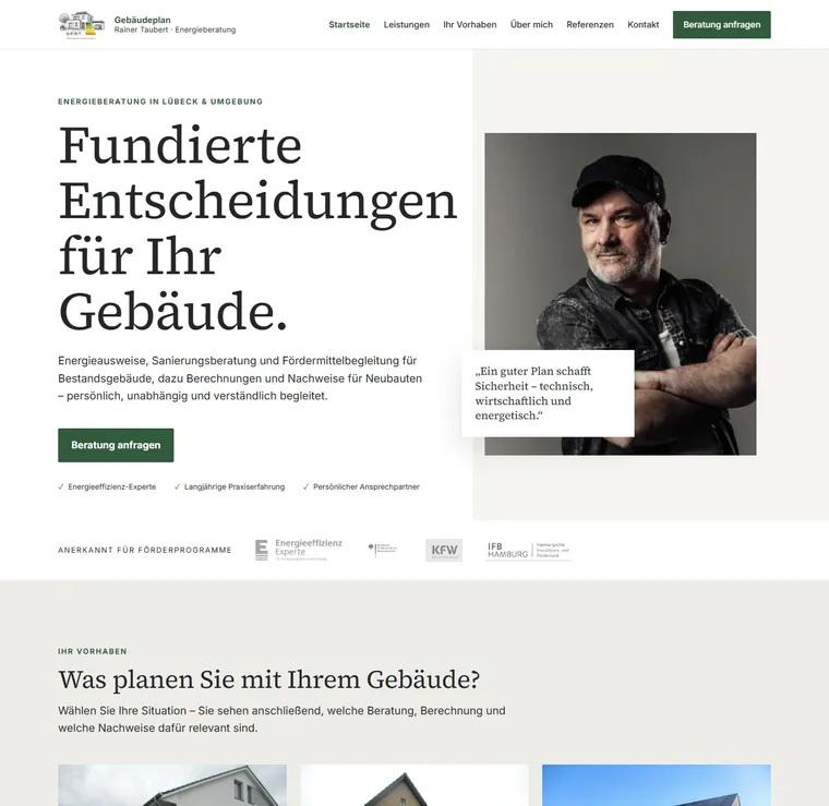 Website Gebäudeplan Rainer Taubert – Startseite mit Portraitfoto von Rainer Taubert